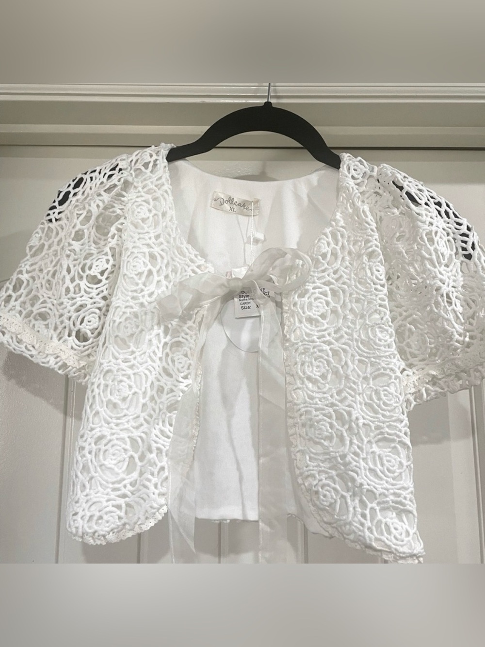 Dollcake White Crochet Lace Bolero with Pink Trim
